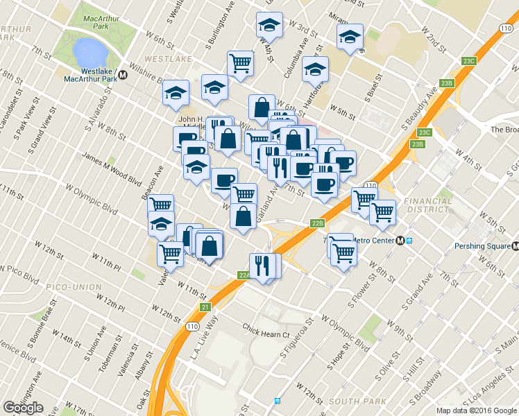 map of restaurants, bars, coffee shops, grocery stores, and more near in Los Angeles