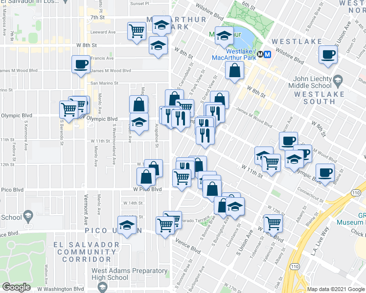 map of restaurants, bars, coffee shops, grocery stores, and more near 1125 South Lake Street in Los Angeles
