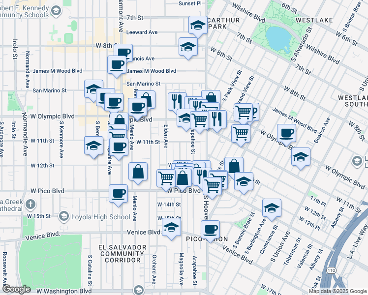 map of restaurants, bars, coffee shops, grocery stores, and more near 1125 Arapahoe Street in Los Angeles