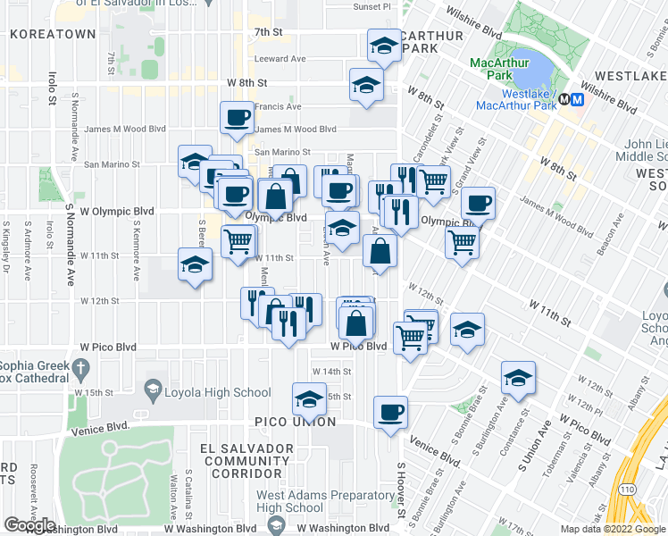 map of restaurants, bars, coffee shops, grocery stores, and more near 1125 Magnolia Avenue in Los Angeles