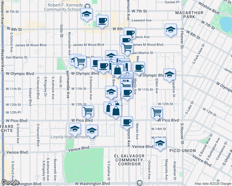 map of restaurants, bars, coffee shops, grocery stores, and more near 1131 South New Hampshire Avenue in Los Angeles