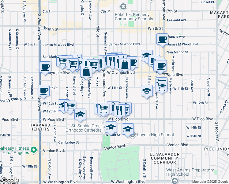 map of restaurants, bars, coffee shops, grocery stores, and more near 1129 South Mariposa Avenue in Los Angeles