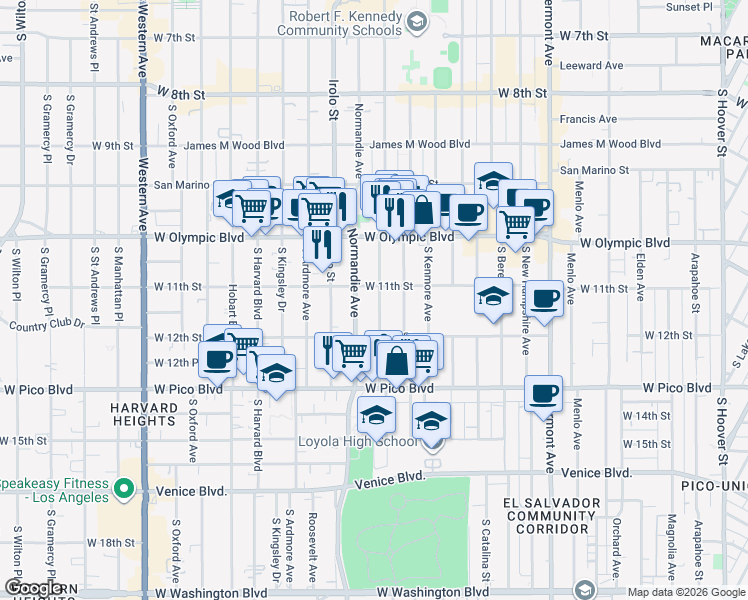map of restaurants, bars, coffee shops, grocery stores, and more near 1129 South Mariposa Avenue in Los Angeles