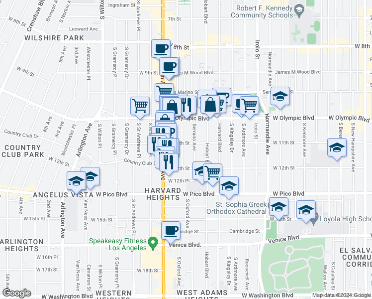 map of restaurants, bars, coffee shops, grocery stores, and more near 1125 South Serrano Avenue in Los Angeles