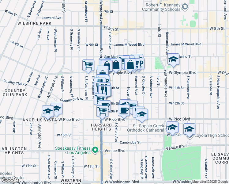 map of restaurants, bars, coffee shops, grocery stores, and more near 1125 South Serrano Avenue in Los Angeles