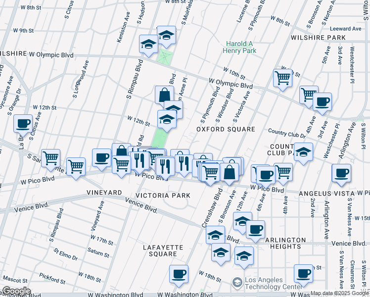 map of restaurants, bars, coffee shops, grocery stores, and more near 1230 South Lucerne Boulevard in Los Angeles