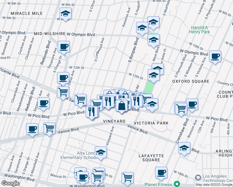 map of restaurants, bars, coffee shops, grocery stores, and more near 1333 South Rimpau Boulevard in Los Angeles