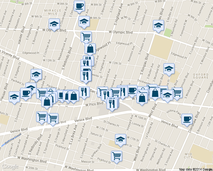 map of restaurants, bars, coffee shops, grocery stores, and more near 1344 South Longwood Avenue in Los Angeles