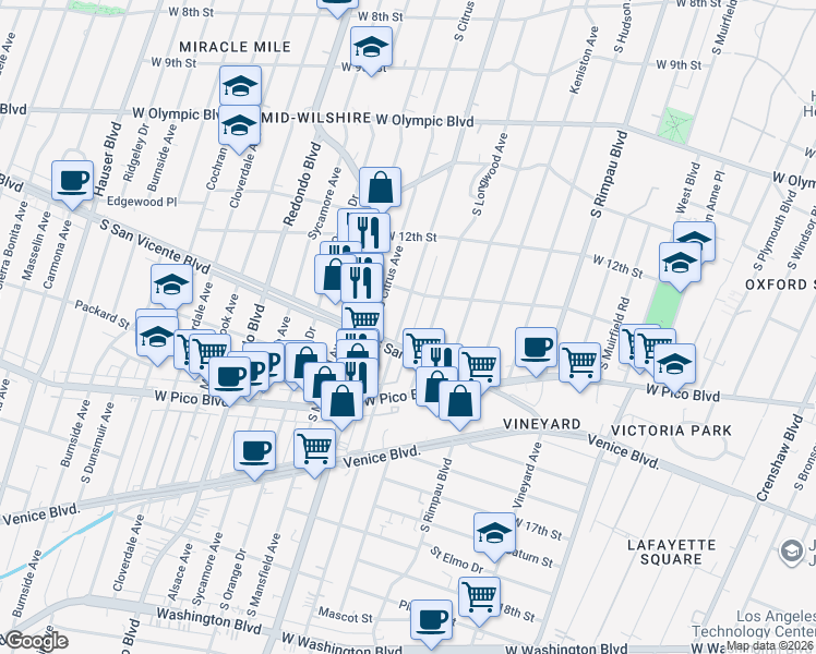map of restaurants, bars, coffee shops, grocery stores, and more near 1294 South Highland Avenue in Los Angeles