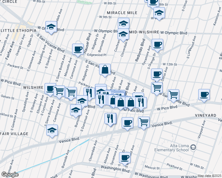 map of restaurants, bars, coffee shops, grocery stores, and more near 1313 Meadowbrook Avenue in Los Angeles