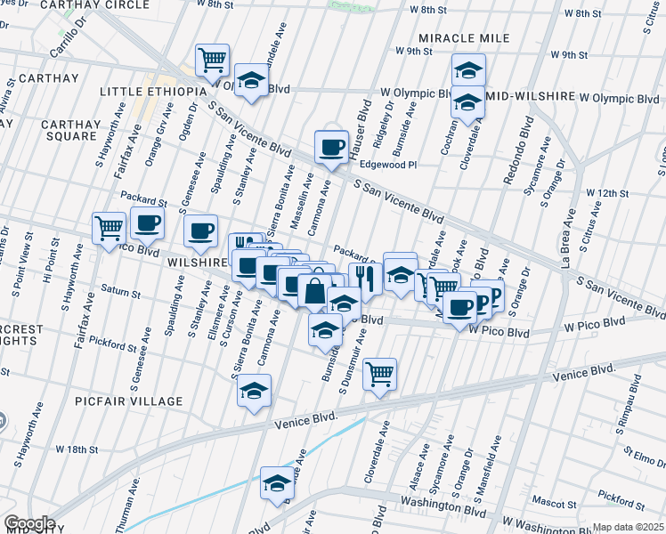 map of restaurants, bars, coffee shops, grocery stores, and more near 1340 Hauser Boulevard in Los Angeles