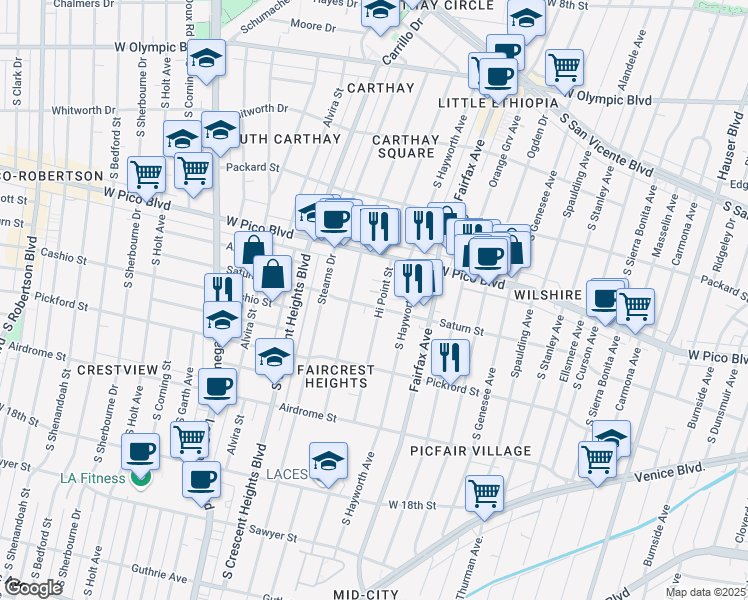 map of restaurants, bars, coffee shops, grocery stores, and more near 1501 Hi Point Street in Los Angeles