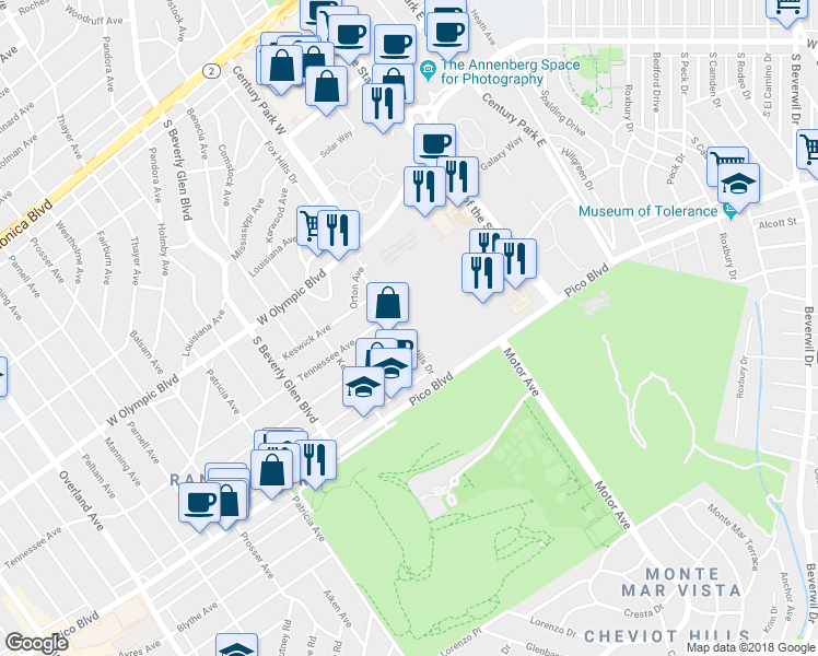 map of restaurants, bars, coffee shops, grocery stores, and more near 2325 Fox Hills Drive in Los Angeles