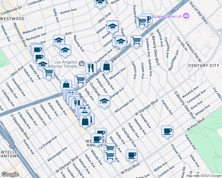 map of restaurants, bars, coffee shops, grocery stores, and more near 1953 Manning Avenue in Los Angeles