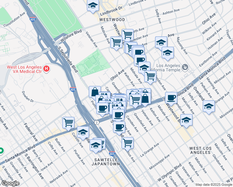 map of restaurants, bars, coffee shops, grocery stores, and more near 1615 Greenfield Avenue in Los Angeles