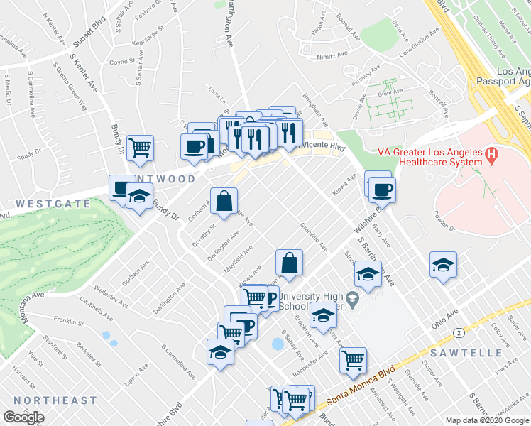 map of restaurants, bars, coffee shops, grocery stores, and more near 11854 Darlington Avenue in Los Angeles