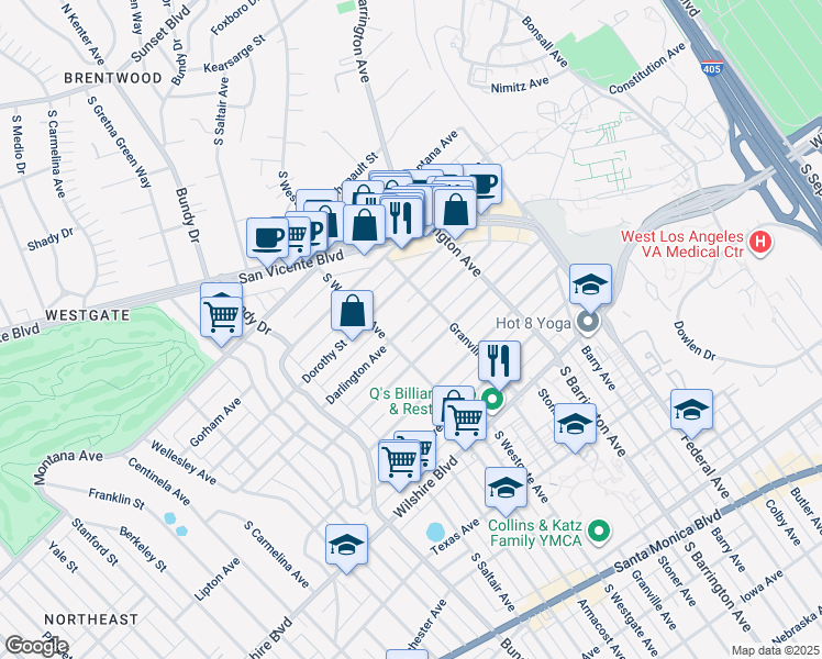 map of restaurants, bars, coffee shops, grocery stores, and more near 11854 Darlington Avenue in Los Angeles