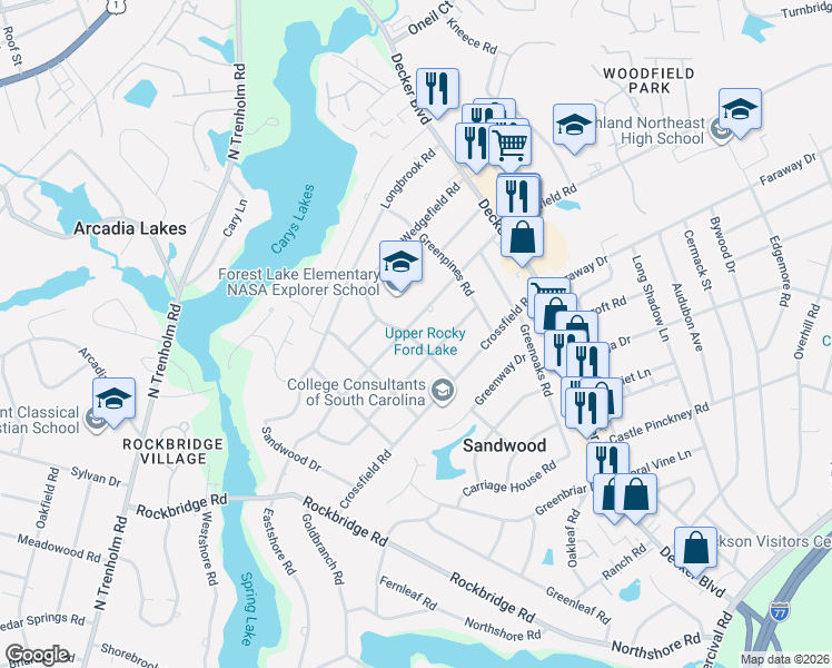 map of restaurants, bars, coffee shops, grocery stores, and more near 6718 Brookfield Road in Columbia
