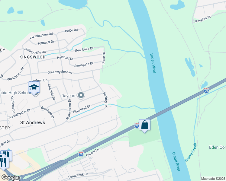 map of restaurants, bars, coffee shops, grocery stores, and more near 2720 Diane Drive in Columbia