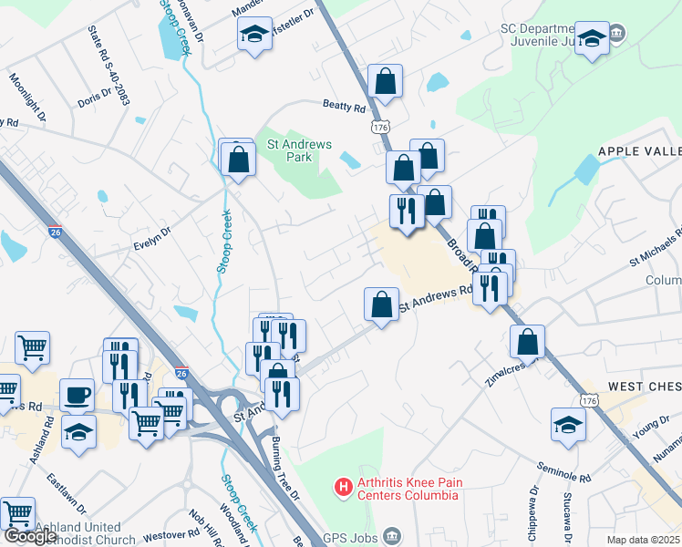 map of restaurants, bars, coffee shops, grocery stores, and more near 3132 Lawrence Street in Columbia