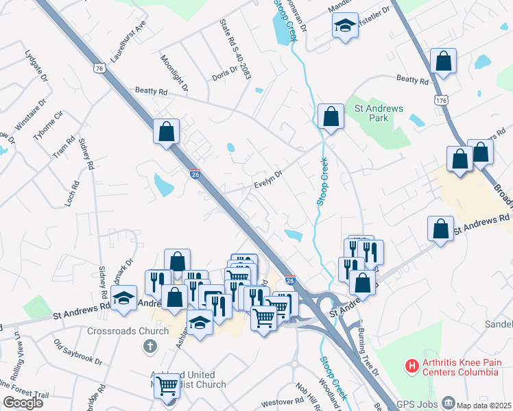 map of restaurants, bars, coffee shops, grocery stores, and more near 3500 Fernandina Road in Columbia