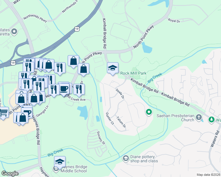 map of restaurants, bars, coffee shops, grocery stores, and more near 915 Gunter Court in Alpharetta