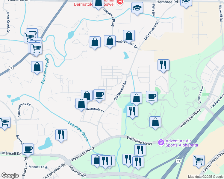 map of restaurants, bars, coffee shops, grocery stores, and more near 10200 Windalier Way in Roswell