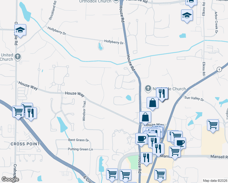 map of restaurants, bars, coffee shops, grocery stores, and more near 1125 Falstaff Drive in Roswell