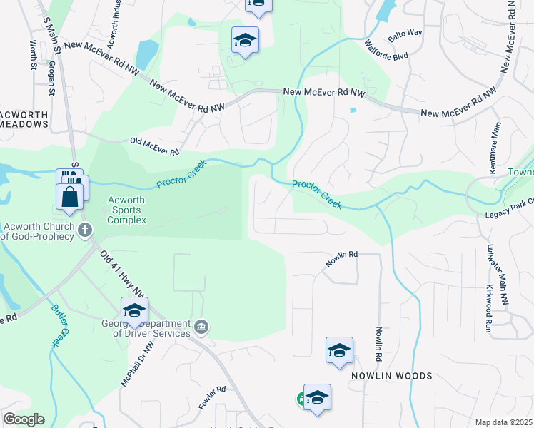 map of restaurants, bars, coffee shops, grocery stores, and more near 3259 McEver Park Circle in Acworth