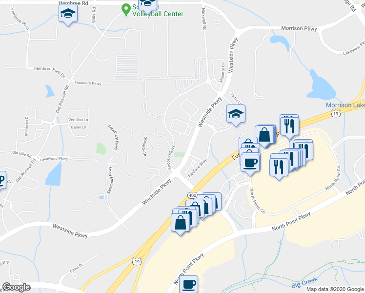 map of restaurants, bars, coffee shops, grocery stores, and more near 9600 Westside Pkwy in Alpharetta