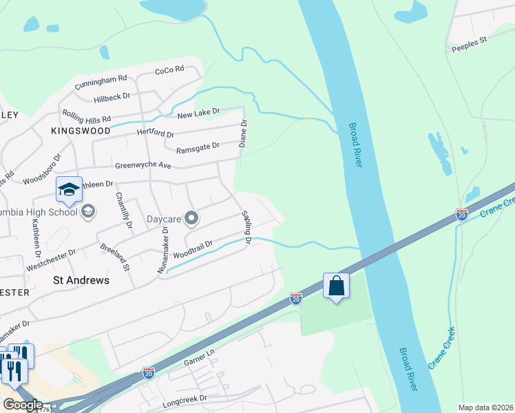 map of restaurants, bars, coffee shops, grocery stores, and more near 2720 Diane Drive in Columbia