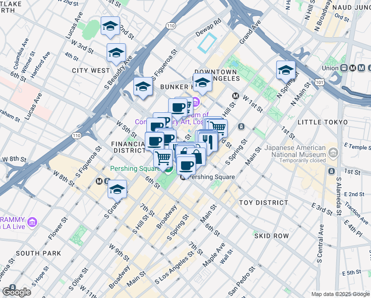 map of restaurants, bars, coffee shops, grocery stores, and more near 417 South Hill Street in Los Angeles
