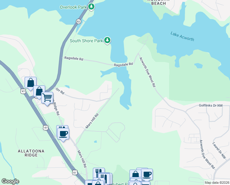 map of restaurants, bars, coffee shops, grocery stores, and more near 3916 Marguerite Drive Northwest in Acworth