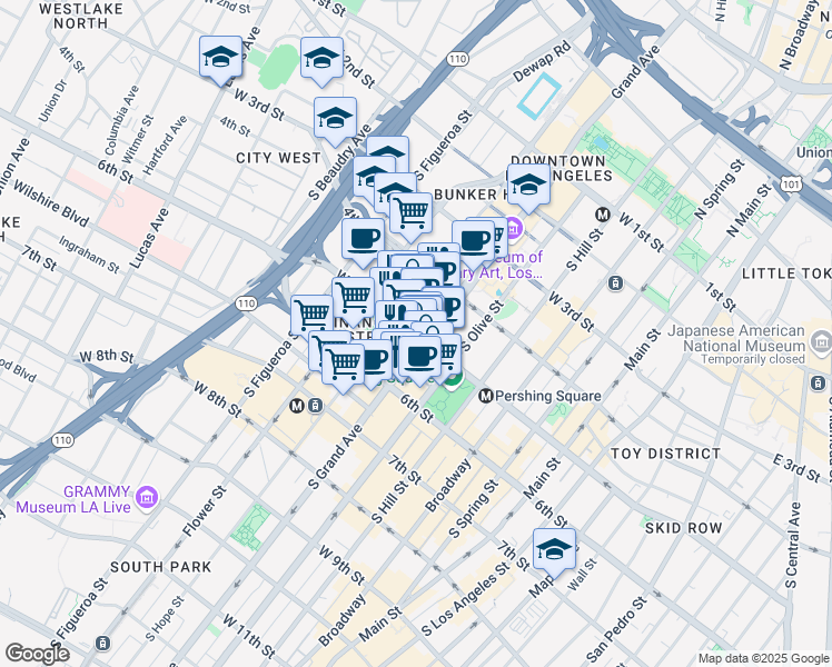 map of restaurants, bars, coffee shops, grocery stores, and more near 633 West 5th Street in Los Angeles