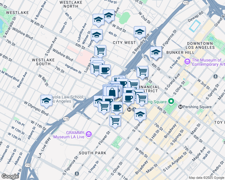 map of restaurants, bars, coffee shops, grocery stores, and more near 1000 Wilshire Boulevard in Los Angeles