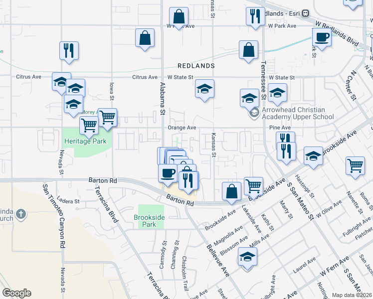map of restaurants, bars, coffee shops, grocery stores, and more near 1555 Orange Avenue in Redlands