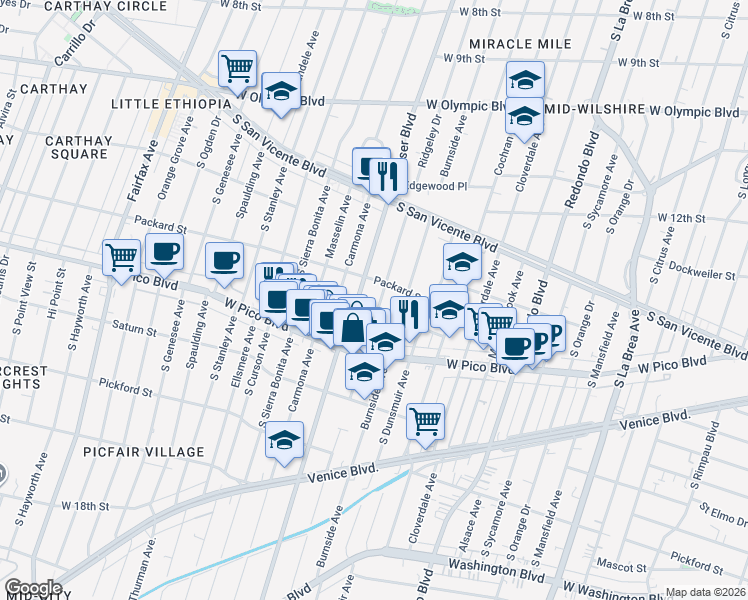 map of restaurants, bars, coffee shops, grocery stores, and more near 1323 Ridgeley Drive in Los Angeles