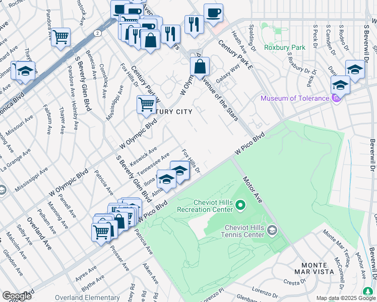 map of restaurants, bars, coffee shops, grocery stores, and more near 2325 Fox Hills Drive in Los Angeles