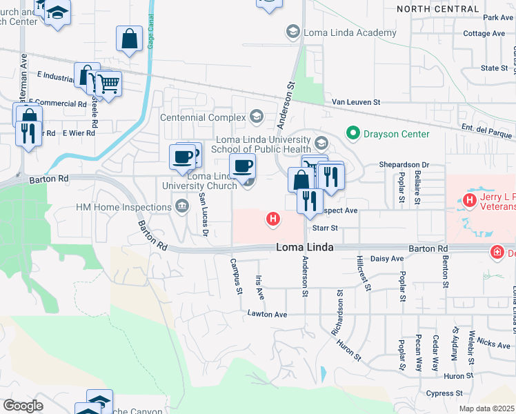 map of restaurants, bars, coffee shops, grocery stores, and more near 11175 Campus Street in Loma Linda