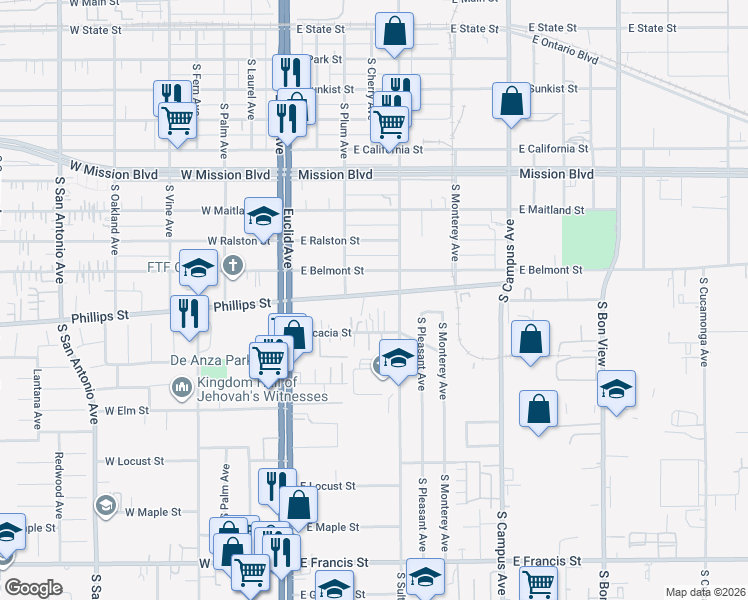map of restaurants, bars, coffee shops, grocery stores, and more near 402 East Phillips Street in Ontario