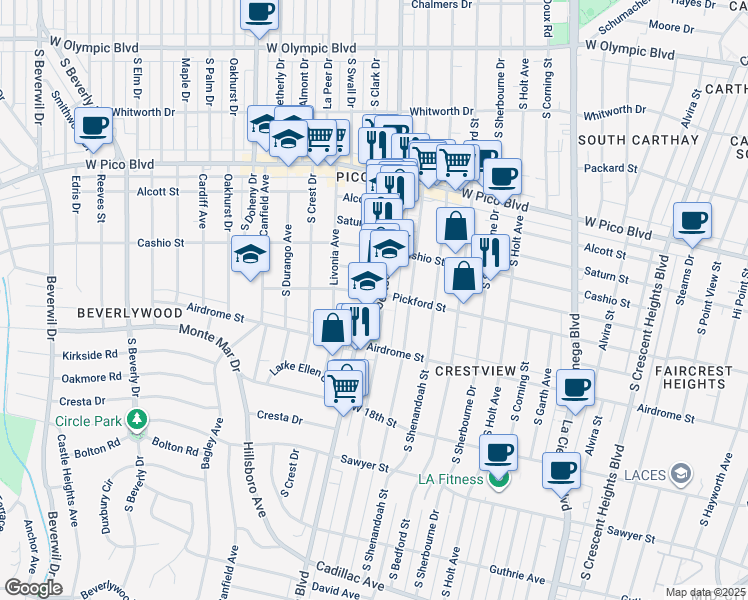 map of restaurants, bars, coffee shops, grocery stores, and more near 1620 Preuss Road in Los Angeles