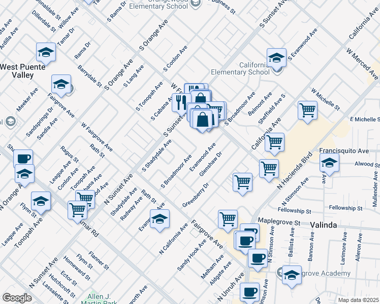 map of restaurants, bars, coffee shops, grocery stores, and more near 1215 West Delvale Street in West Covina