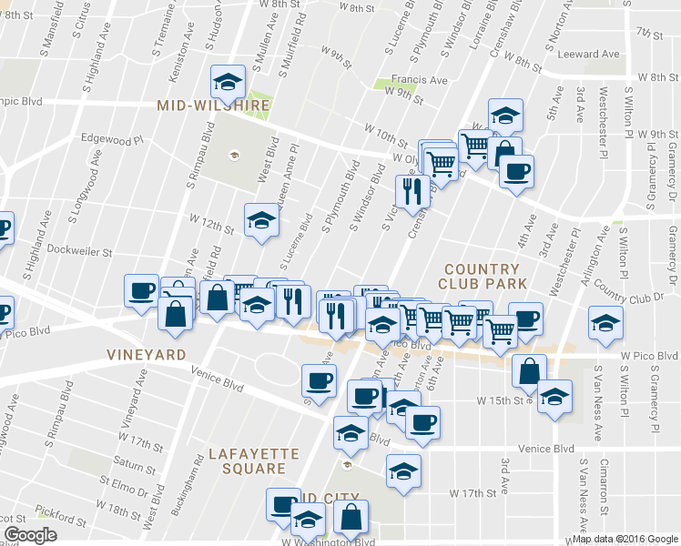 map of restaurants, bars, coffee shops, grocery stores, and more near 1200 South Windsor Boulevard in Los Angeles