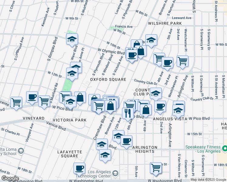 map of restaurants, bars, coffee shops, grocery stores, and more near 1179 Crenshaw Boulevard in Los Angeles