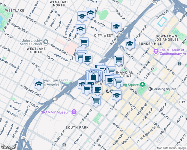 map of restaurants, bars, coffee shops, grocery stores, and more near 1000 Wilshire Boulevard in Los Angeles
