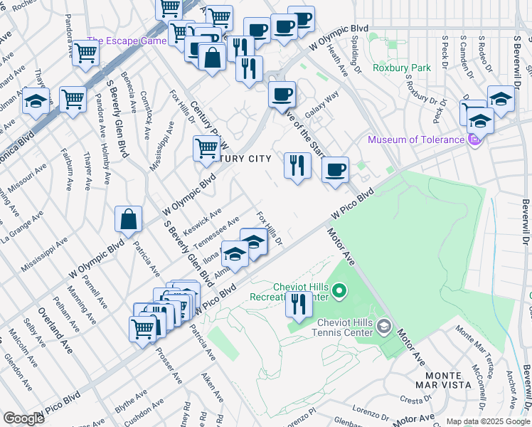 map of restaurants, bars, coffee shops, grocery stores, and more near 2318 Fox Hills Drive in Los Angeles
