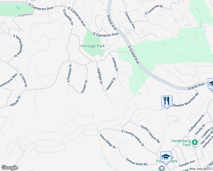 map of restaurants, bars, coffee shops, grocery stores, and more near 1048 Highlight Drive in West Covina