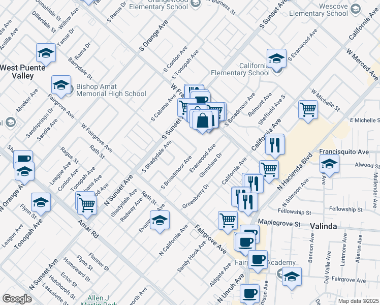 map of restaurants, bars, coffee shops, grocery stores, and more near 1215 West Delvale Street in West Covina