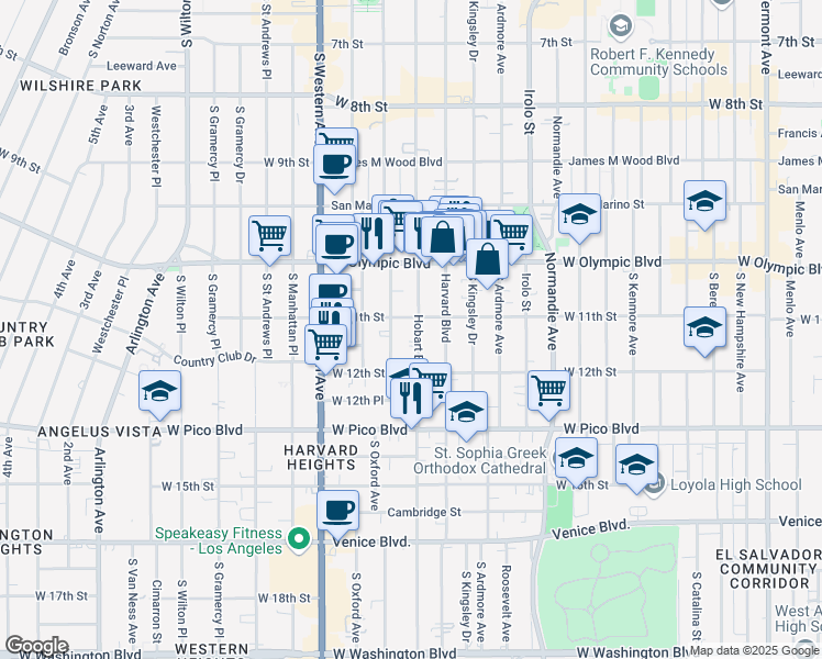 map of restaurants, bars, coffee shops, grocery stores, and more near 1113 South Hobart Boulevard in Los Angeles