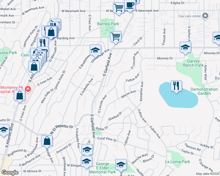 map of restaurants, bars, coffee shops, grocery stores, and more near 1081 South Lincoln Avenue in Monterey Park
